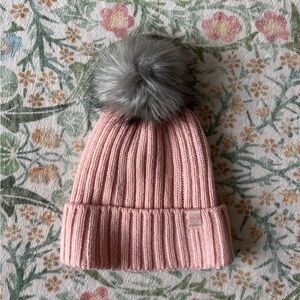 Calvin Klein Pink Beanie Hat with Gray Pom-Pom Fleece Lined